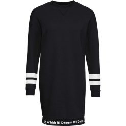 Sukienka dresowa z ozdobnym napisem bonprix czarno-biały. Czarne sukienki damskie bonprix, z napisami, z dresówki, bez kołnierzyka, bez rękawów. Za 99,99 zł.