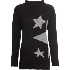 Sweter dzianinowy bonprix czarno-jasnoszary. Czarne swetry damskie marki bonprix, z nadrukiem, z dzianiny, bez rękawów, bez kaptura. Za 79,99 zł.
