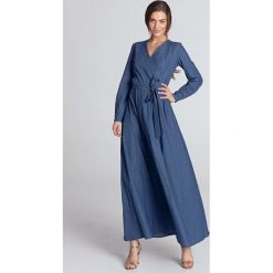 Jeansowa sukienka maxi z kopertowym dekoltem. Sukienki damskie NIFE, xl, bez wzorów, z bawełny, bez kołnierzyka, bez rękawów, maxi, kopertowe. Za 249,00 zł.