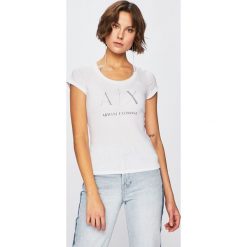 Armani Exchange - T-shirt. Niebieskie bluzki damskie Armani Exchange, s, z nadrukiem, z bawełny, casualowe, z okrągłym kołnierzem, z krótkim rękawem. W wyprzedaży za 169,90 zł.