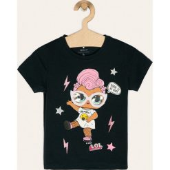 Name it - T-shirt dziecięcy 110-128 cm. Białe bluzki dziewczęce Name it, z nadrukiem, z elastanu, z okrągłym kołnierzem, z krótkim rękawem, krótkie, bez kaptura. Za 69,90 zł.