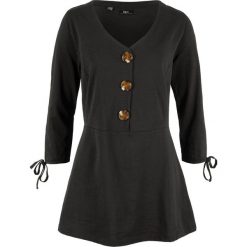 Shirt z dżerseju z plisą guzikową i wiązanymi troczkami w dole rękawów bonprix czarny. Czarne koszulki damskie marki bonprix, bez wzorów, z dżerseju, bez kołnierzyka. Za 44,99 zł.