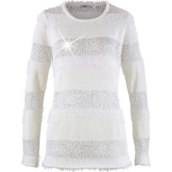 Sweter z cekinami bonprix biel wełny. Białe swetry damskie bonprix, bez wzorów, z wełny, bez rękawów, bez kaptura. Za 49,99 zł.
