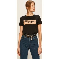 Wrangler - T-shirt. Czarne bluzki damskie Wrangler, s, z nadrukiem, z bawełny, z okrągłym kołnierzem. Za 79,90 zł.