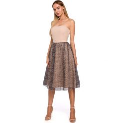 Sukienka gorsetowa z tiulem w panterke - beżowa. Brązowe sukienki damskie Moe, s, bez wzorów, z elastanu, bez kołnierzyka, bez rękawów, rozkloszowane. Za 259,00 zł.
