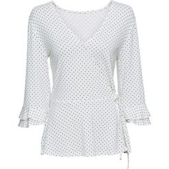 Shirt kopertowy bonprix biel wełny w czarne kropki. Białe koszulki damskie bonprix, na co dzień, bez wzorów, z wełny, wizytowe, bez kołnierzyka, bez rękawów. Za 37,99 zł.