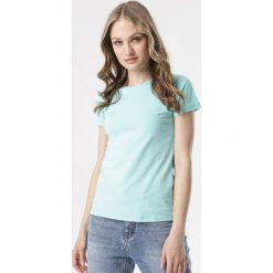 Jasnoniebieski T-shirt Echolaira. Niebieskie t-shirty damskie Born2be, s, bez wzorów, sportowe, z okrągłym kołnierzem, z krótkim rękawem. Za 34,99 zł.