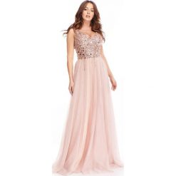Sukienka maxi z bogato zdobioną górą oraz tiulowym dołem. Sukienki damskie Made in Poland, s, z aplikacjami, z nylonu, bez kołnierzyka, bez rękawów, maxi. Za 289,00 zł.