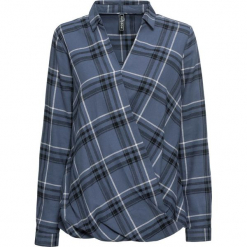 Bluzka flanelowa w kratę bonprix indygo-czarno-biały w kratę. Niebieskie bluzki z odkrytymi ramionami bonprix, z kopertowym dekoltem. Za 79,99 zł.