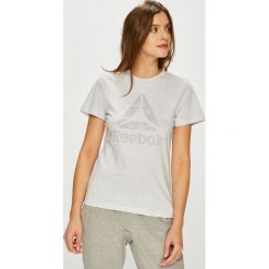 Reebok - Top. Szare topy damskie marki Reebok, s, z nadrukiem, z bawełny, z okrągłym kołnierzem. Za 99,90 zł.