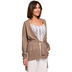 Kardigan asymetryczny z paskiem - beżowy. Brązowe swetry damskie Style, s, w paski, eleganckie, bez rękawów, bez kaptura. Za 149,00 zł.