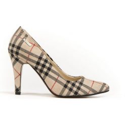 Beżowe szpilki w kratkę - skóra naturalna - model 035 - kolor beż kratka. Brązowe czółenka damskie Zapato, na imprezę, z nadrukiem, ze skóry, na wysokim obcasie, na obcasie. W wyprzedaży za 287,10 zł.