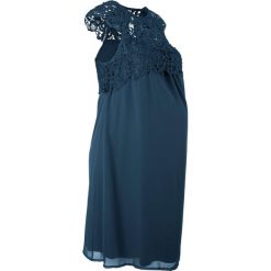 Sukienka ciążowa na uroczyste okazje bonprix ciemnoniebieski. Niebieskie sukienki damskie bonprix, z aplikacjami, z koronki, eleganckie, bez kołnierzyka, moda ciążowa, bez rękawów. Za 35,99 zł.