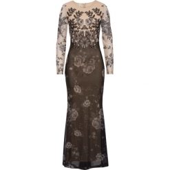 Sukienka wieczorowa bonprix naturalno-czarny wzorzysty. Brązowe sukienki damskie bonprix, bez wzorów, eleganckie, bez kołnierzyka, bez rękawów. Za 109,99 zł.