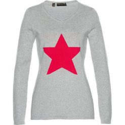 Sweter bonprix jasnoszary melanż - różowy hibiskus melanż. Szare swetry damskie bonprix, bez wzorów, z żakardem, klasyczne, bez rękawów, bez kaptura. Za 69,99 zł.