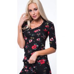 Bluzki asymetryczne: Bluzka w kwiaty rękaw 3/4 czarna 8062
