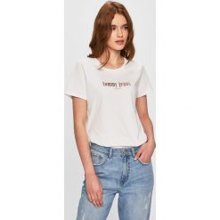Tommy Jeans - Top. Niebieskie topy damskie Tommy Jeans, s, z nadrukiem, z bawełny, z okrągłym kołnierzem. W wyprzedaży za 119,90 zł.