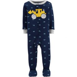 Śpioszki w kolorze granatowym. Niebieskie śpiochy niemowlęce Carter's, z aplikacjami, z bawełny. W wyprzedaży za 32,95 zł.