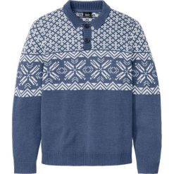 Sweter ze stójką w norweski wzór bonprix indygo-biel wełny wzorzysty. Niebieskie swetry męskie bonprix, s, bez wzorów, z wełny, ze stójką, bez kaptura. Za 89,99 zł.