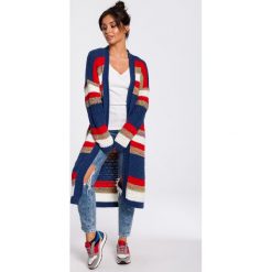 Kardigan maxi w pasy granat. Swetry damskie e-margeritka.pl, na jesień, s, bez wzorów, ze splotem, eleganckie, z długim rękawem, długie, bez kaptura. Za 158,99 zł.