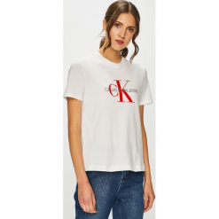 Calvin Klein Jeans - T-shirt. Szare t-shirty damskie Calvin Klein Jeans, l, z nadrukiem, z bawełny, z okrągłym kołnierzem. Za 229,90 zł.