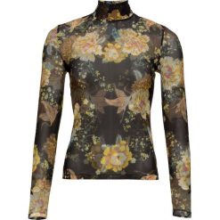 Shirt siatkowy bonprix żółto-czarny z nadrukiem. Żółte koszulki damskie marki bonprix, z nadrukiem, ze stójką. Za 32,99 zł.