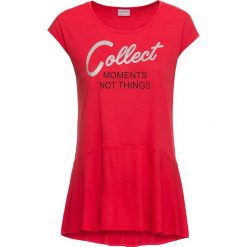 Shirt z dżerseju z falbaną bonprix czerwony. Czerwone koszulki damskie marki bonprix, bez wzorów, z dżerseju, bez kołnierzyka, bez rękawów. Za 34,99 zł.