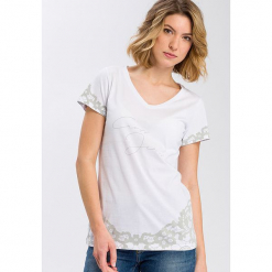 Koszulka w kolorze białym. Białe t-shirty damskie marki Cross Jeans, s, z nadrukiem, z bawełny, z okrągłym kołnierzem. W wyprzedaży za 22,95 zł.