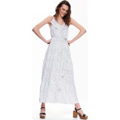 Sukienka maxi w kropki. Białe sukienki damskie Top Secret, na co dzień, na lato, bez wzorów, z tkaniny, eleganckie, z dekoltem w serek, bez rękawów, maxi. W wyprzedaży za 59,99 zł.