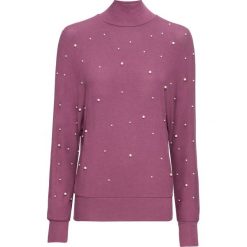 Golfy damskie: Sweter z dzianiny o gładkim splocie drobnych oczek, z perełkami bonprix matowy jeżynowy