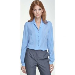 Elegancka Błękitna Koszula z Długim Rękawem Wzór w Kwiaty. Niebieskie bluzki damskie Molly.pl, na co dzień, s, w kwiaty, z materiału, eleganckie, z klasycznym kołnierzykiem, z długim rękawem. Za 109,90 zł.