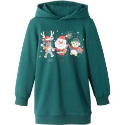 Długa bluza dziewczęca dresowa bonprix głęboki zielony. Zielone bluzy dziewczęce bonprix, z nadrukiem, z bawełny, z długim rękawem, długie, z kapturem. Za 54,99 zł.
