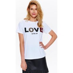 T-shirty damskie: T-SHIRT DAMSKI BIAŁY Z OZDOBNĄ APLIKACJĄ Z NAPISEM LOVE