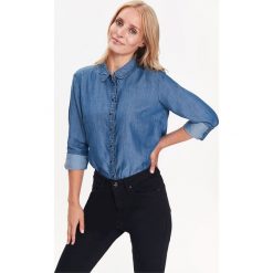 KOSZULA DAMSKA Z FALBANĄ DŁUGI RĘKAW. Szare koszule jeansowe damskie marki Top Secret, w ażurowe wzory. Za 54,99 zł.