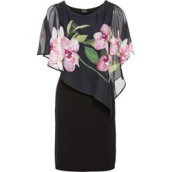Sukienka z szyfonową narzutką bonprix czarny - orchidee. Czarne sukienki damskie bonprix, na co dzień, bez wzorów, z szyfonu, bez kołnierzyka, bez rękawów. Za 119,99 zł.