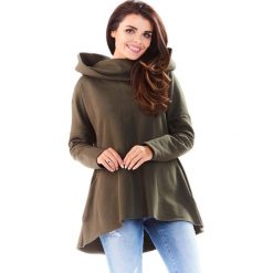 Khaki Bluza Asymetryczna z Kapturem. Brązowe bluzki damskie marki Molly.pl, s, bez wzorów, z bawełny, z krótkim rękawem, długie, z kapturem. Za 129,90 zł.