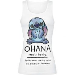 Lilo & Stitch Ohana Means Family Top damski biały. Białe bluzki damskie marki Lilo & Stitch, l, z nadrukiem, z okrągłym kołnierzem, bez rękawów. Za 74,90 zł.