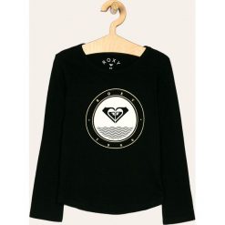 Roxy - Longsleeve dziecięcy 128-176 cm. Czarne bluzki dziewczęce Roxy, z nadrukiem, z bawełny, z okrągłym kołnierzem, z długim rękawem, długie, bez kaptura. W wyprzedaży za 69,90 zł.
