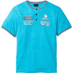 Shirt z dekoltem henley i efektownymi zdobieniami bonprix błękit laguny melanż. Niebieskie koszulki męskie bonprix, s, z aplikacjami, bez kołnierzyka, bez rękawów. Za 49,99 zł.