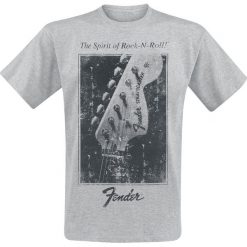 Fender Stratocaster Headstock T-Shirt odcienie szarego. Szare t-shirty męskie z nadrukiem Fender, l, z klasycznym kołnierzykiem. Za 74,90 zł.