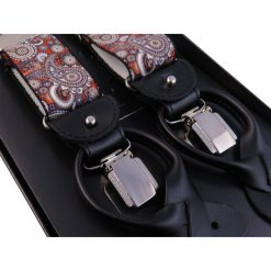 Brązowo-czerwone szelki we wzór paisley na żabki i na guziki G57. Czerwone szelki męskie . Za 99,00 zł.