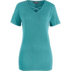 Shirt ze strukturalnego materiału z dekoracyjnym dekoltem bonprix matowy kobaltowy. Niebieskie koszulki damskie marki bonprix, bez wzorów, bez kołnierzyka, bez rękawów. Za 54,99 zł.