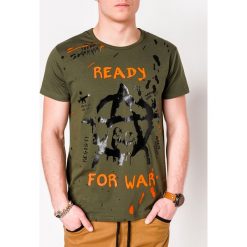 T-shirt męski z nadrukiem S1090 - khaki. Brązowe t-shirty męskie Ombre Clothing, s, z nadrukiem, z bawełny, bez kołnierzyka. Za 13,99 zł.