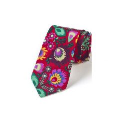 Krawat męski FOLK w kwiaty łowickie czerwony. Czerwone krawaty męskie marki HisOutfit, w kwiaty, z materiału. Za 129,00 zł.