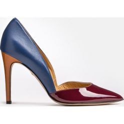 Bordowo niebieskie czółenka damskie. Czerwone czółenka peep toe marki Kazar, ze skóry, na wysokim obcasie, na obcasie. Za 469,00 zł.