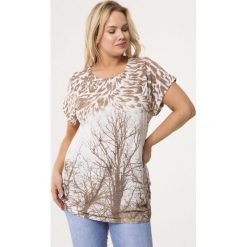 Beżowa Bluzka Icons. Brązowe bluzki damskie Born2be, xl, z aplikacjami, z dzianiny, z okrągłym kołnierzem, z krótkim rękawem. Za 39,99 zł.