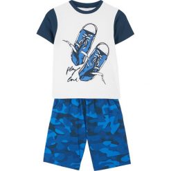 T-shirt + bermudy (2 części) bonprix biel wełny - ciemnoniebieski. Białe t-shirty chłopięce bonprix, z nadrukiem, z wełny, bez rękawów. Za 42,99 zł.