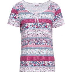 T-shirt z wiązanym troczkiem i nadrukiem, krótki rękaw bonprix biały z nadrukiem. Białe t-shirty damskie bonprix, z nadrukiem. Za 44,99 zł.