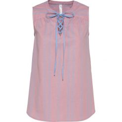 Bluzka oversize bonprix dymny jasnoróżowy - jasnoniebieski w paski. Fioletowe koszulki damskie bonprix, w paski, bez kołnierzyka, bez rękawów. Za 69,99 zł.