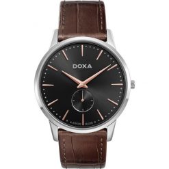 PROMOCJA ZEGAREK DOXA Slim Line 105.10.101R.02. Czarne zegarki męskie marki DOXA, ze stali. W wyprzedaży za 989,00 zł.